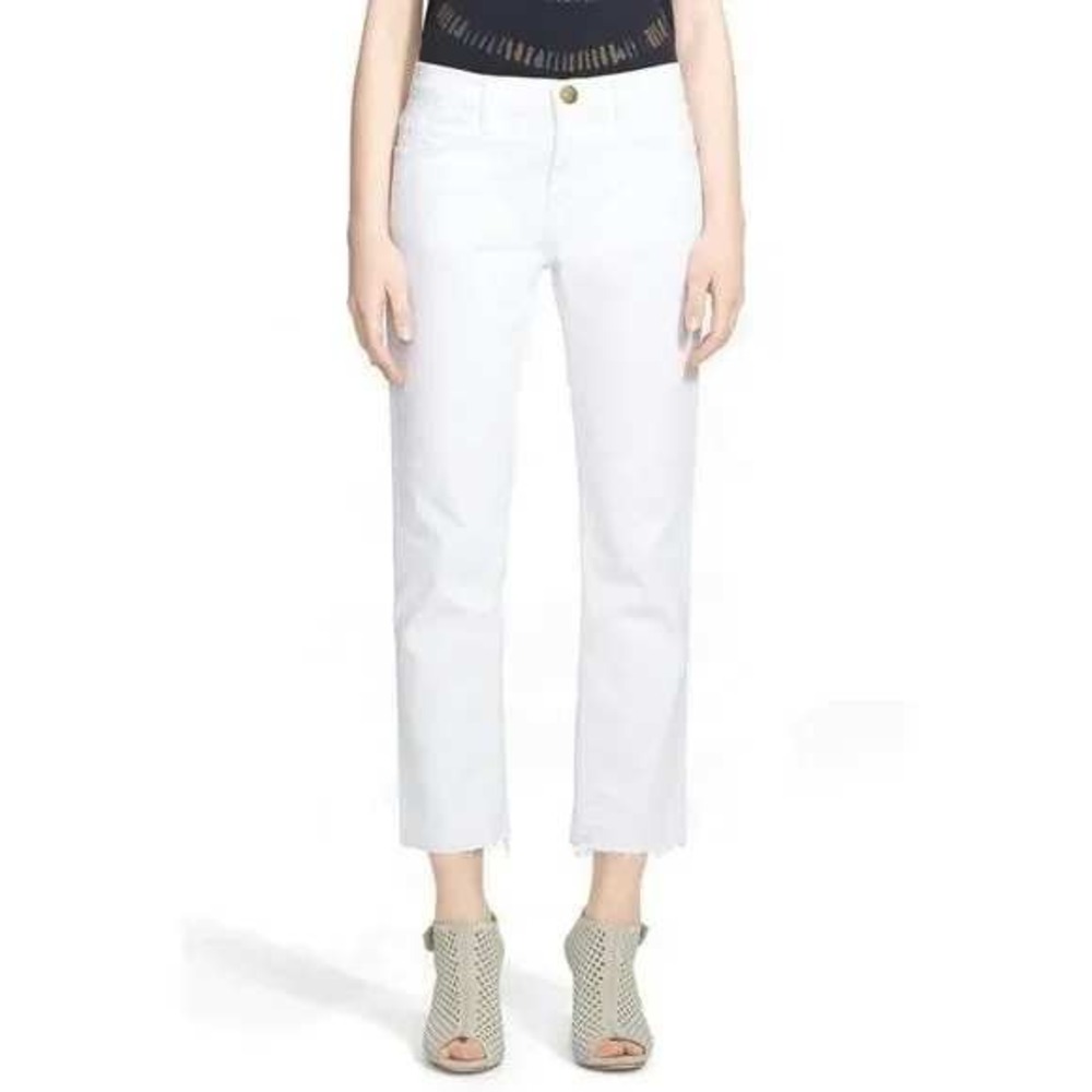 Current Elliott The Cropped‎ Straight Jeans Sugar White Distressed Raw Hem 26
